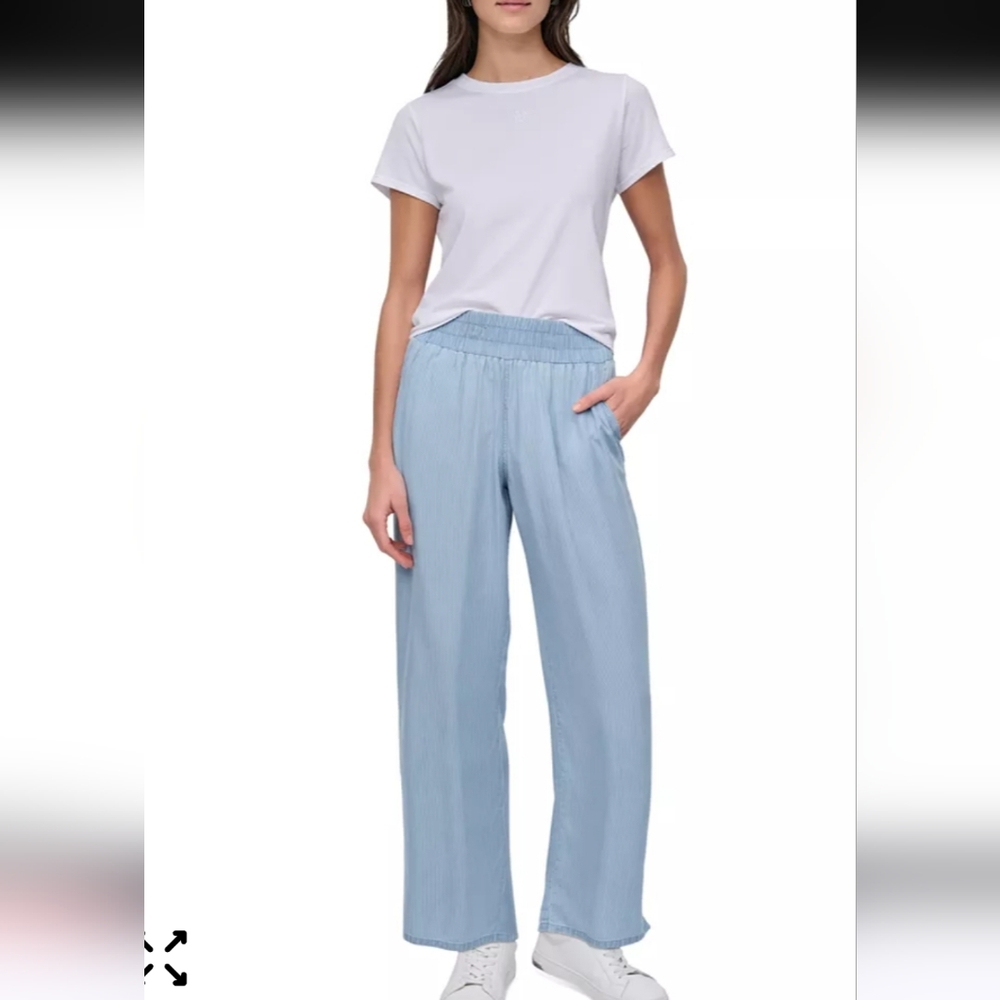 DKNY Chambray Smocked-Waist Wide-Leg Pants